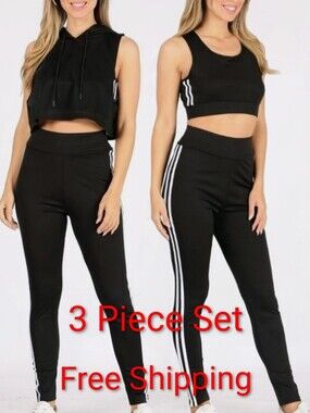 Black Three-Piece Track Jogger Set with White Side Stripes